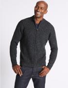 Marks & Spencer Wool Blend Cable Zipped Through Cardigan Charcoal Mix