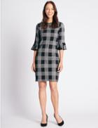 Marks & Spencer Cotton Rich Checked 3/4 Sleeve Tunic Dress Black Mix