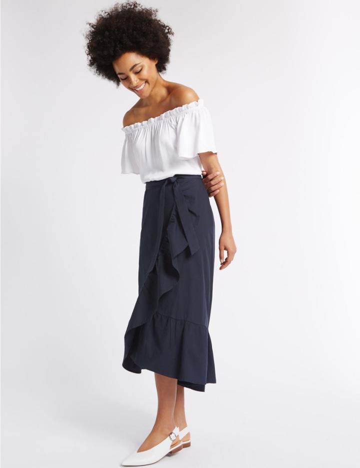 Marks & Spencer Pure Cotton Wrap Ruffle A-line Midi Skirt Navy