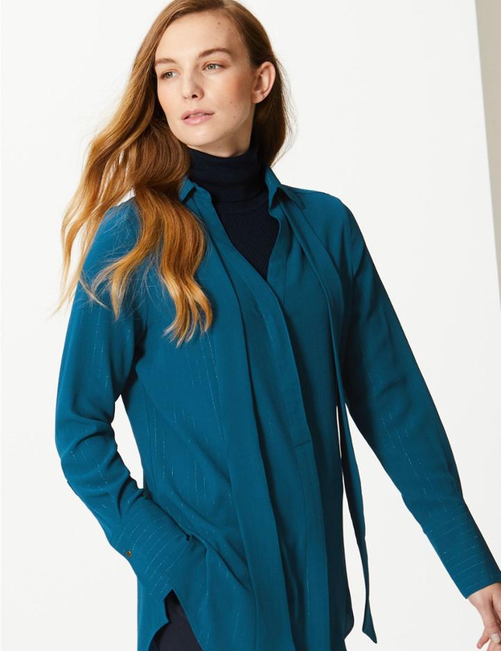Marks & Spencer V-neck Longline Long Sleeve Blouse Teal