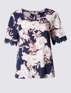 Marks & Spencer Floral Print Short Sleeve Jersey Top Navy Mix
