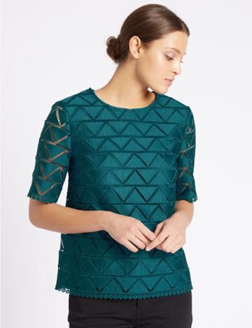 Marks & Spencer Lace Round Neck Half Sleeve Shell Top Kingfisher