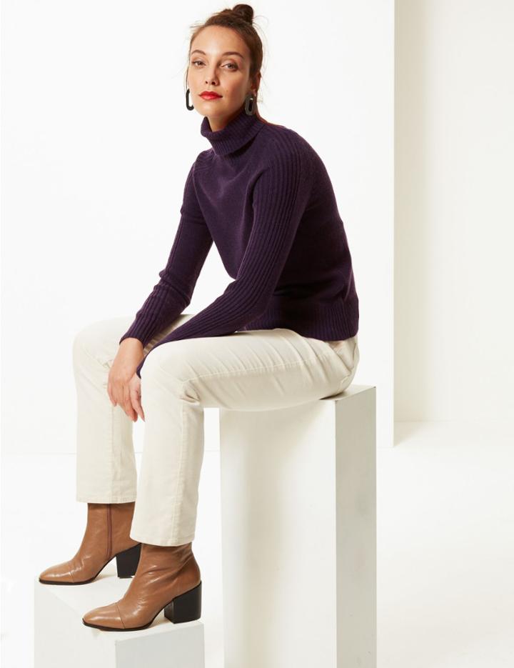 Marks & Spencer Lambswool Rich Textured Roll Neck Jumper Deep Purple