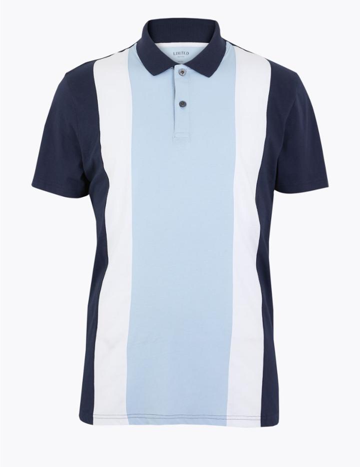 Marks & Spencer Pure Cotton Colour Block Polo Shirt Blue