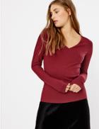 Marks & Spencer Ribbed V Neck Long Sleeve Fitted Top