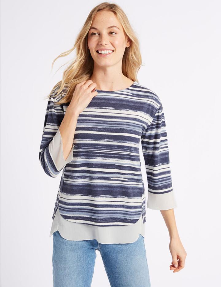 Marks & Spencer Printed Round Neck &frac34; Sleeve T-shirt Navy Mix