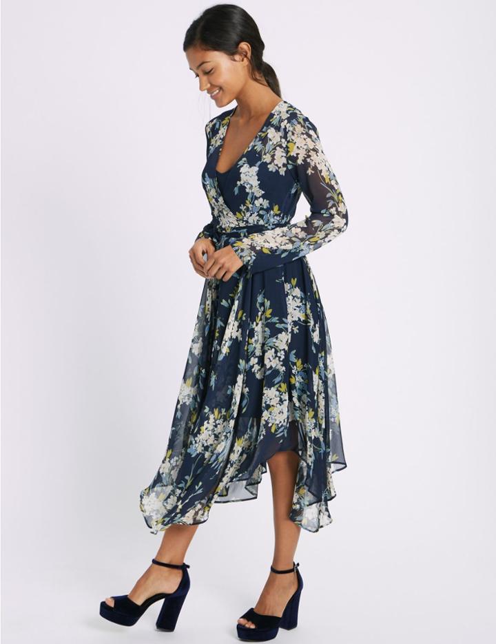 Marks & Spencer Floral Print Hanky Hem Midi Dress Navy Mix