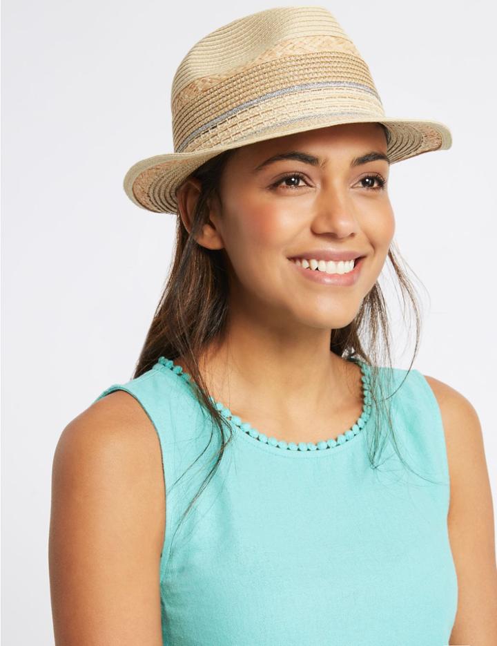 Marks & Spencer Metallic Trim Trilby Hat Natural Mix