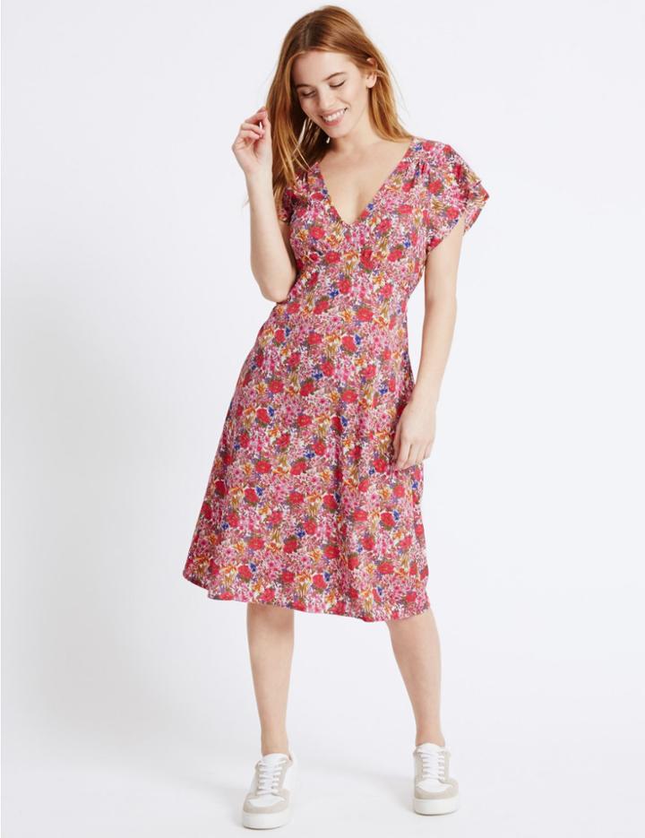 Marks & Spencer Petite Floral Print Swing Dress Ivory Mix
