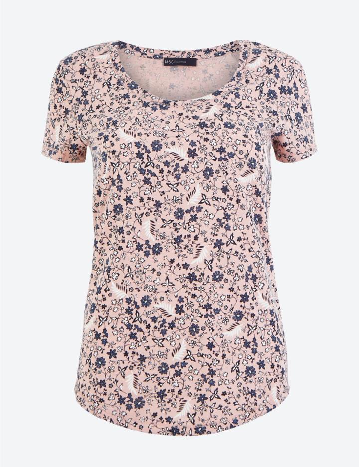 Marks & Spencer Cotton Printed Regular Fit T-shirt Pink Mix
