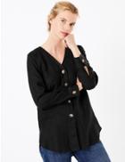 Marks & Spencer Pure Linen Longline Button Detailed Shirt Black