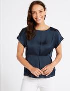Marks & Spencer Satin Round Neck Short Sleeve Top Navy