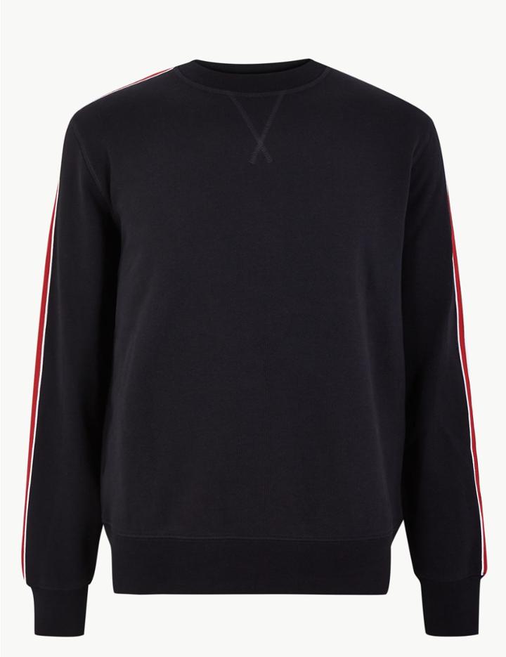 Marks & Spencer Pure Cotton Striped Sleeve Sweatshirt Navy