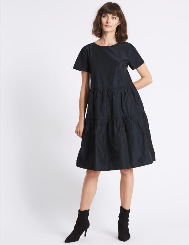 Marks & Spencer Tiered Taffeta Swing Midi Dress Navy