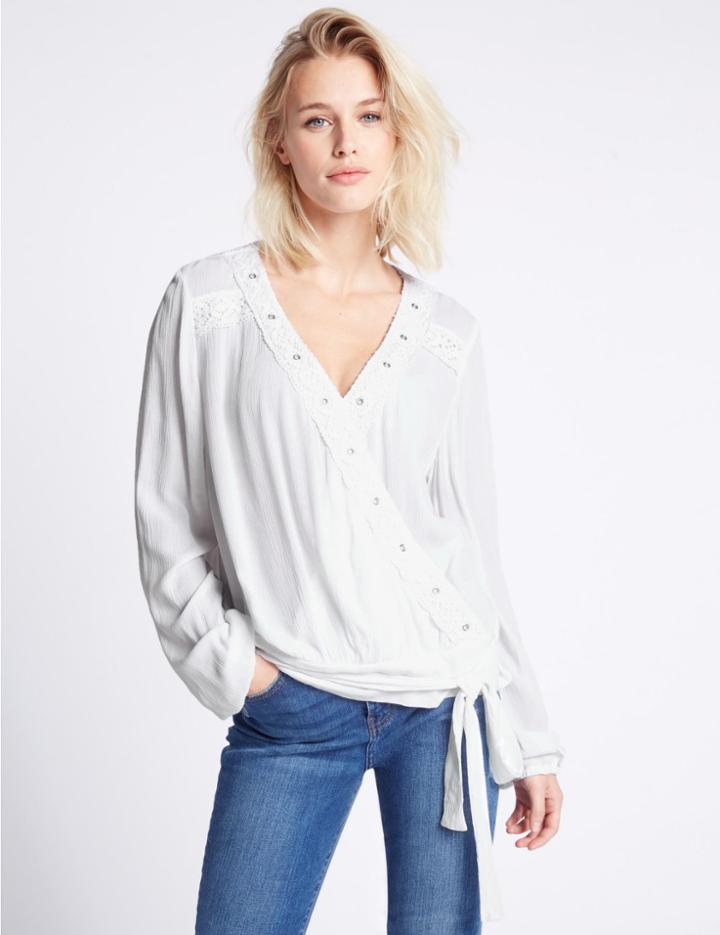 Marks & Spencer Wrap Eyelet V-neck Long Sleeve Blouse Ivory