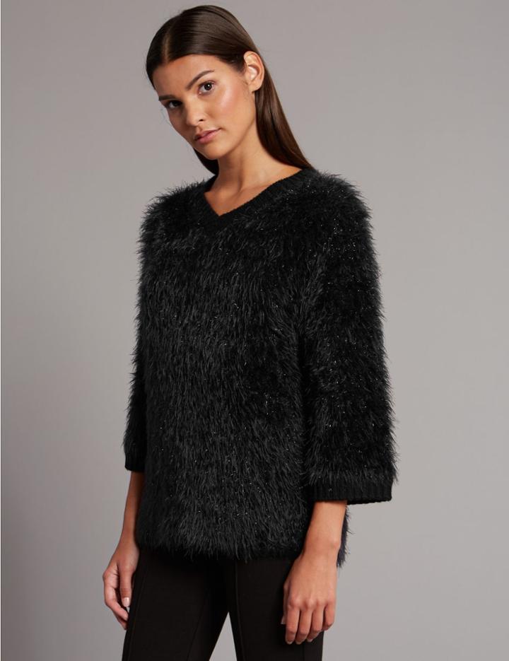 Marks & Spencer Textured Tinsel V-neck ¾ Sleeve Jumper Black