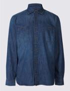 Marks & Spencer Pure Linen Easy Care Shirt With Pocket Dark Blue Denim