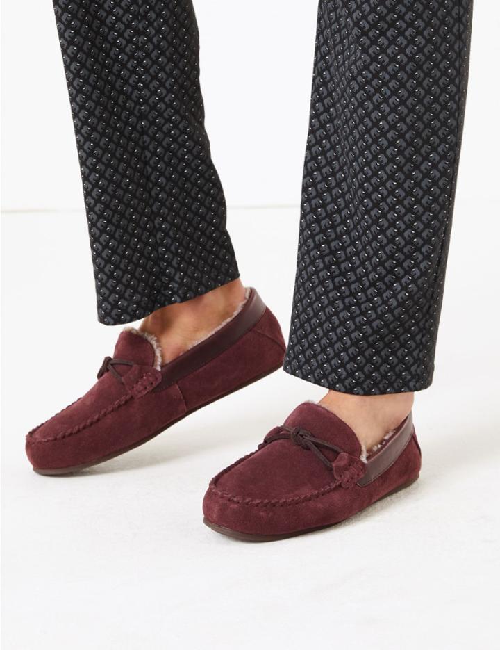 Marks & Spencer Suede Knot Saddle Moccasin Slippers Burgundy