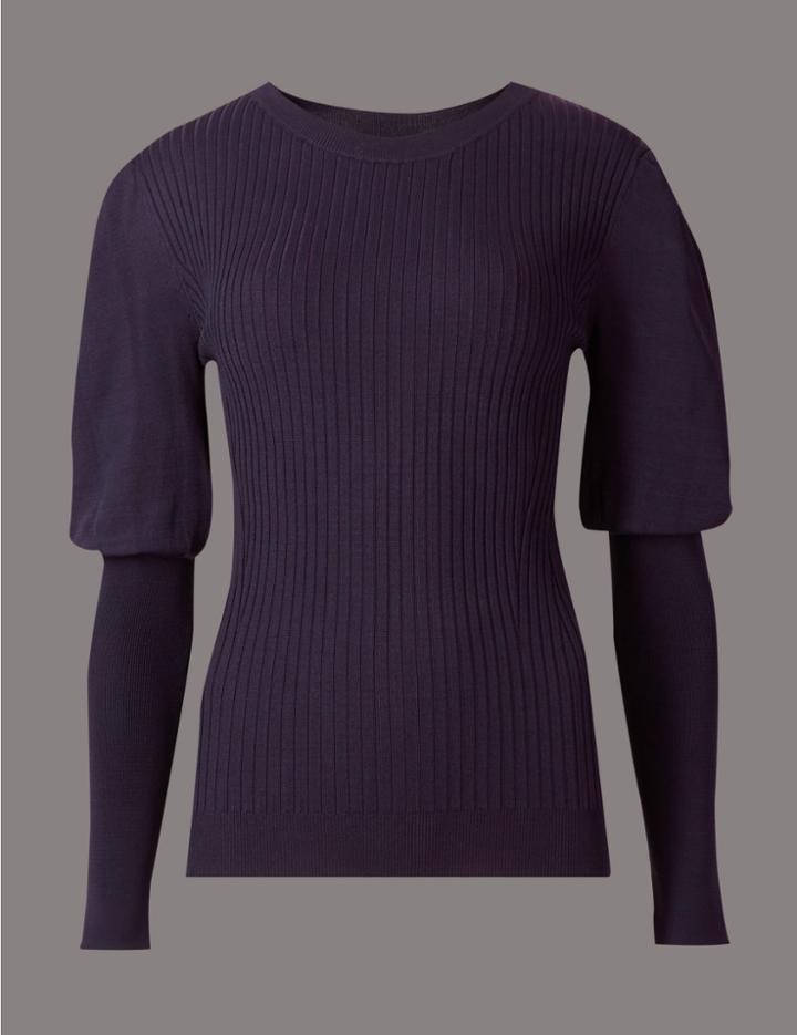 Marks & Spencer Ribbed Balloon Sleeve Round Neck Jumper Blackberry