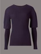 Marks & Spencer Ribbed Balloon Sleeve Round Neck Jumper Blackberry