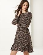 Marks & Spencer Floral Print Long Sleeve Waisted Mini Dress Black Mix