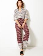 Marks & Spencer Printed Wide Leg High Waist Trousers Dark Red Mix