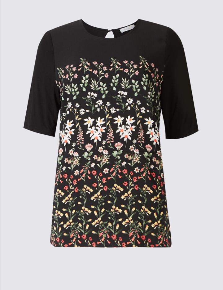 Marks & Spencer Floral Print Round Neck Half Sleeve T-shirt Black Mix