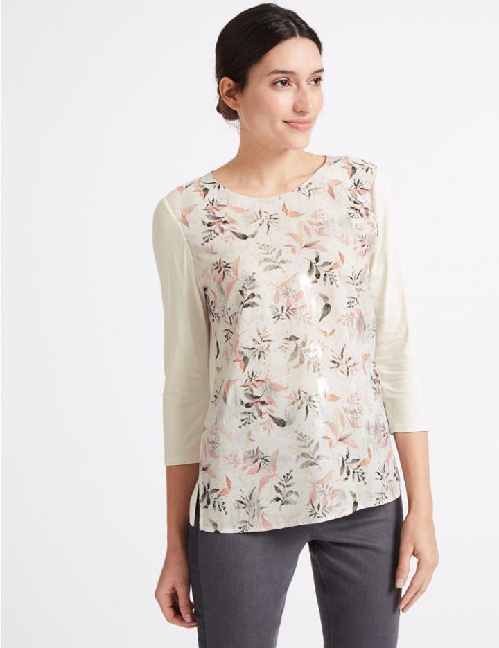 Marks & Spencer Printed Round Neck &frac34; Sleeve T-shirt Ivory Mix
