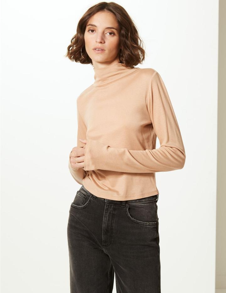 Marks & Spencer Funnel Neck Long Sleeve Cropped T-shirt Butterscotch