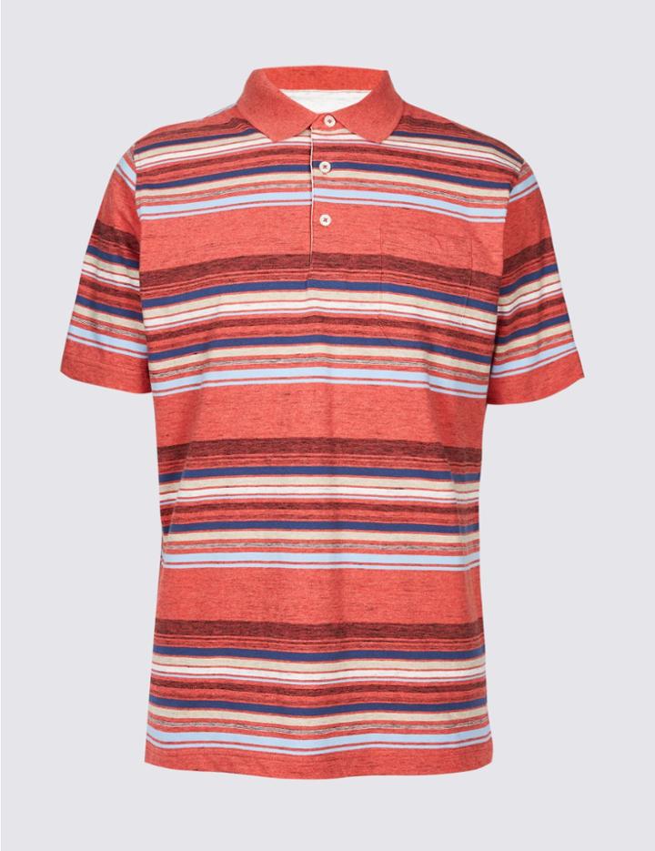 Marks & Spencer Striped Polo Shirt Coral Mix