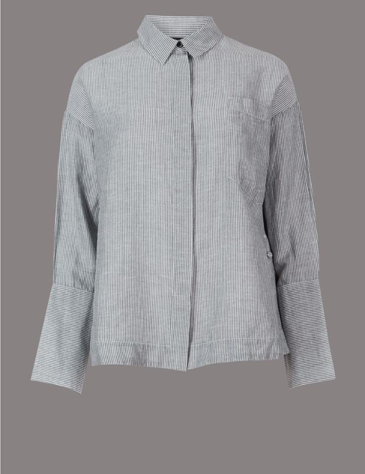 Marks & Spencer Linen Rich Long Sleeve Shirt Navy Stripe