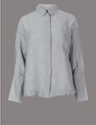 Marks & Spencer Linen Rich Long Sleeve Shirt Navy Stripe