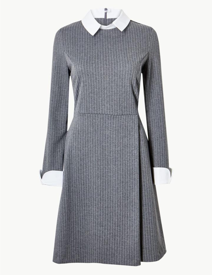 Marks & Spencer Striped Long Sleeve Skater Dress Grey Mix