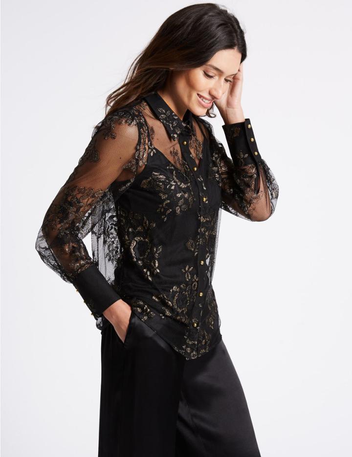 Marks & Spencer Lace Long Sleeve Shirt Black Mix