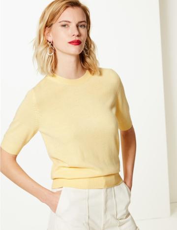 Marks & Spencer Textured Round Neck Jumper Soft Yellow