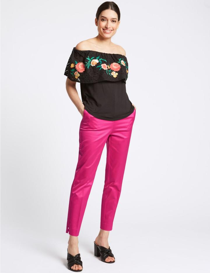 Marks & Spencer Cotton Rich Slim Leg Ankle Grazer Trousers Bright Pink