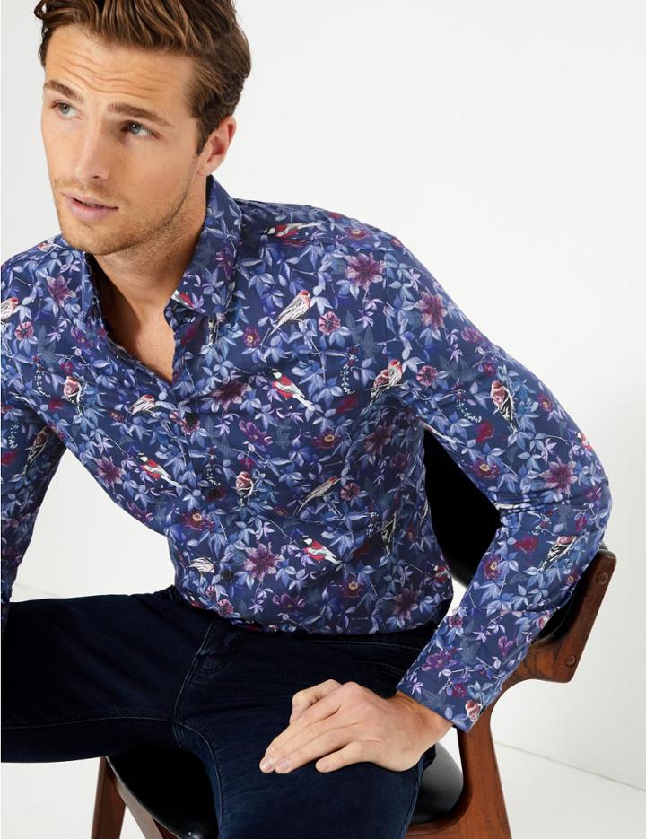 Marks & Spencer Cotton Bird Print Slim Fit Shirt