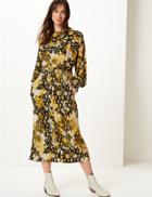 Marks & Spencer Animal Print Long Sleeve Waisted Midi Dress Yellow Mix