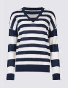 Marks & Spencer Pure Merino Wool Striped V-neck Jumper Navy Mix