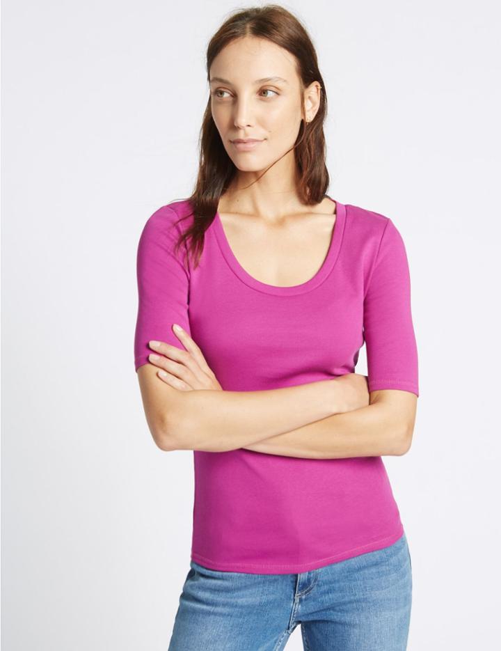 Marks & Spencer Pure Cotton Scoop Neck Half Sleeve T-shirt Magenta