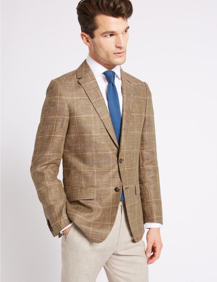 Marks & Spencer Pure Linen Regular Fit Checked Jacket Neutral