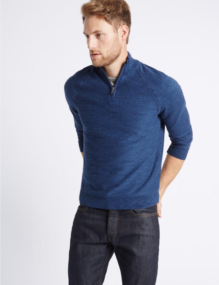 Marks & Spencer Pure Cotton Textured Funnel Neck Jumper Bright Blue