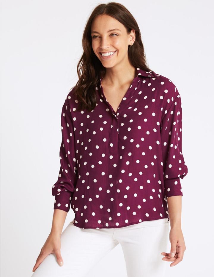 Marks & Spencer Spotted Collared Neck Long Sleeve Blouse Burgundy Mix
