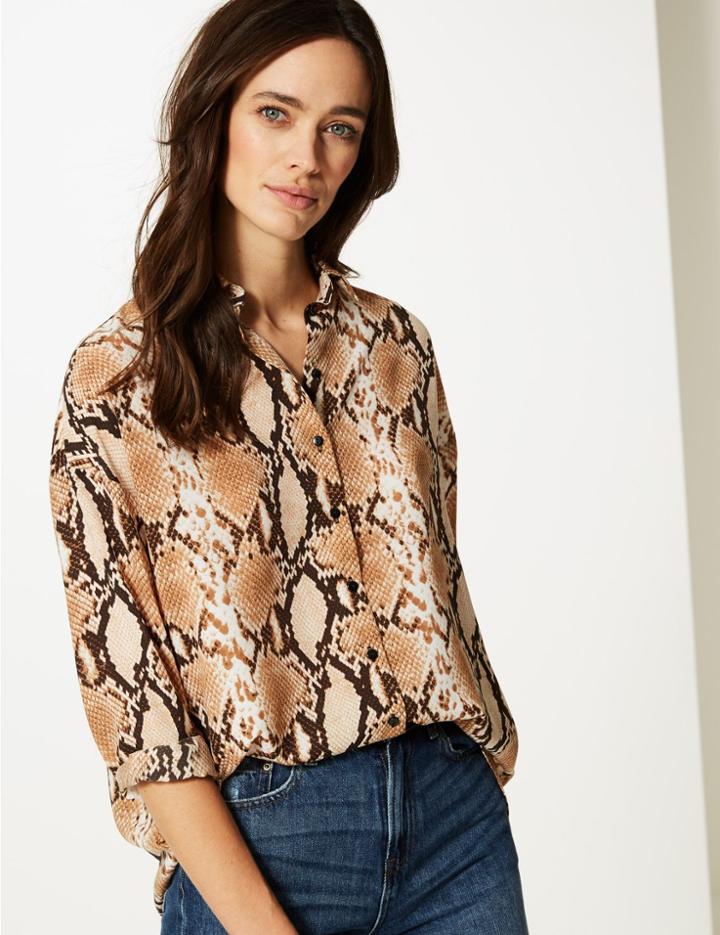 Marks & Spencer Oversized Animal Print Long Sleeve Shirt Brown Mix
