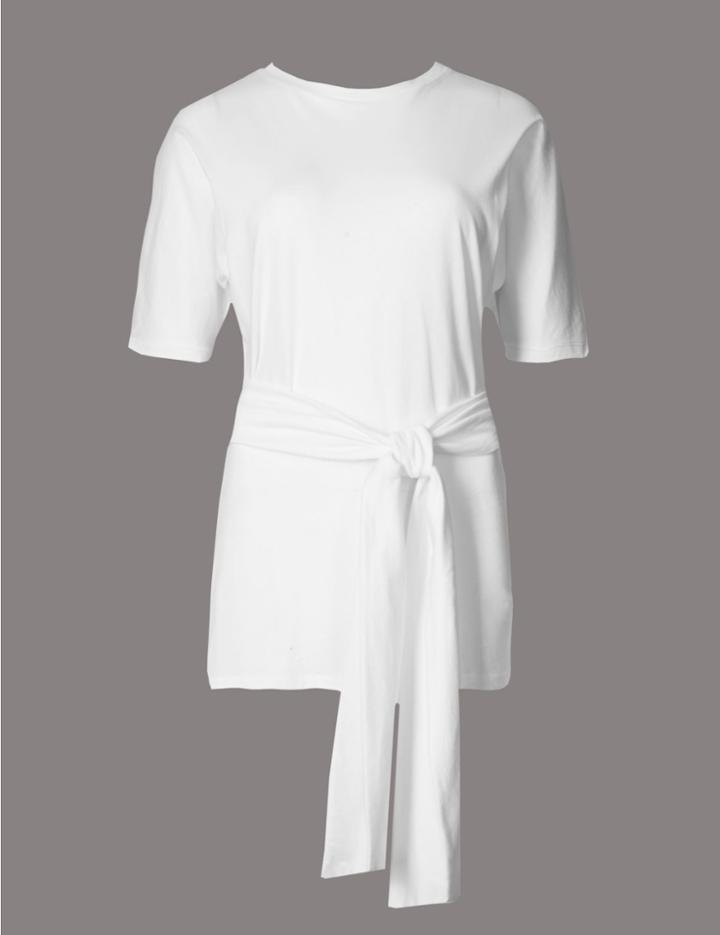 Marks & Spencer Pure Cotton Tie Waist Longline Jersey Top Soft White