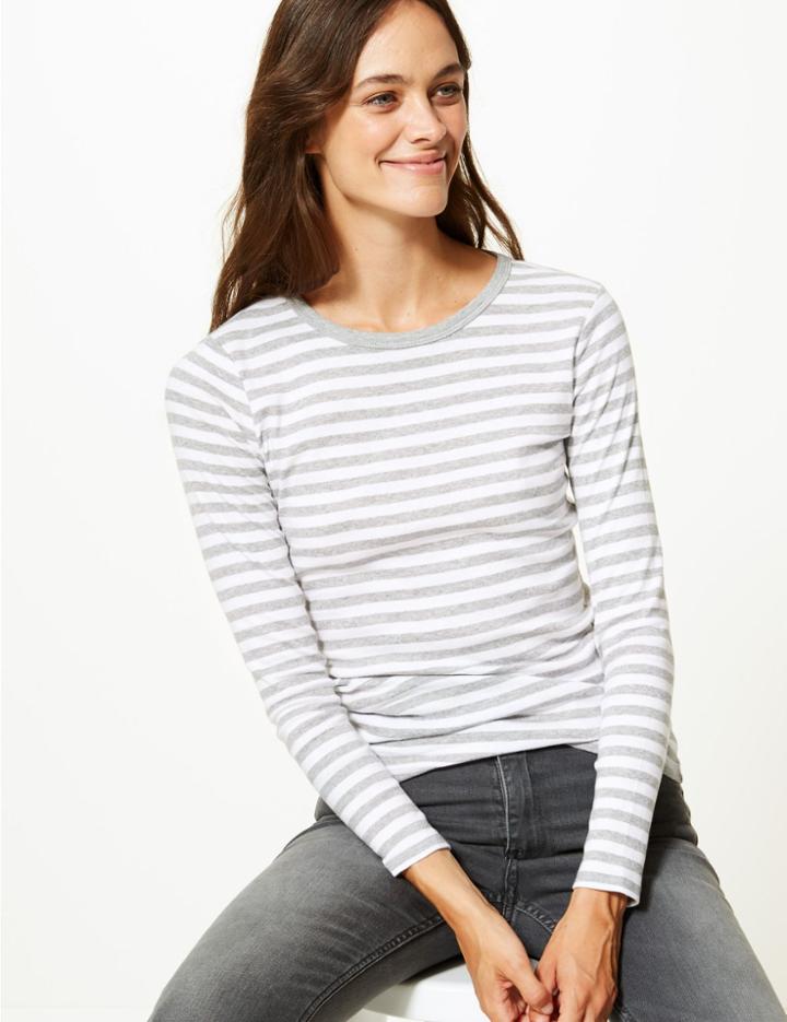 Marks & Spencer Pure Cotton Contrast Stripe Regular Fit T-shirt Grey Mix