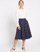 Marks & Spencer Cotton Rich Insect Print A-line Midi Skirt Navy Mix