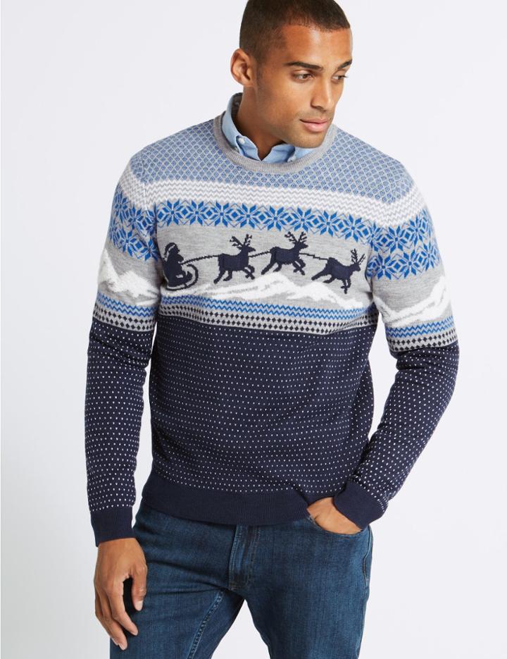 Marks & Spencer Reindeer Sleigh Fairisle Jumper With Lights Blue Mix