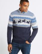 Marks & Spencer Reindeer Sleigh Fairisle Jumper With Lights Blue Mix
