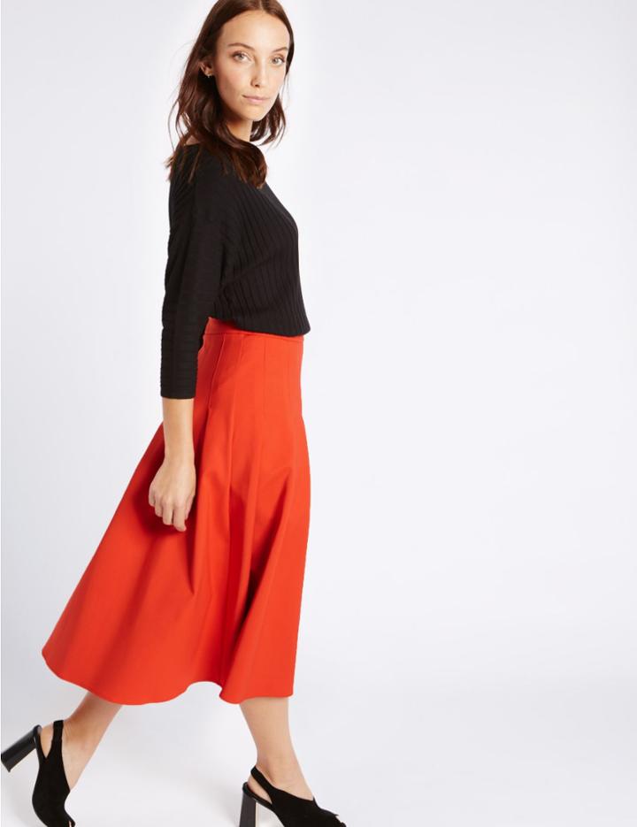 Marks & Spencer Cotton Blend Box Pleated A-line Midi Skirt Paprika